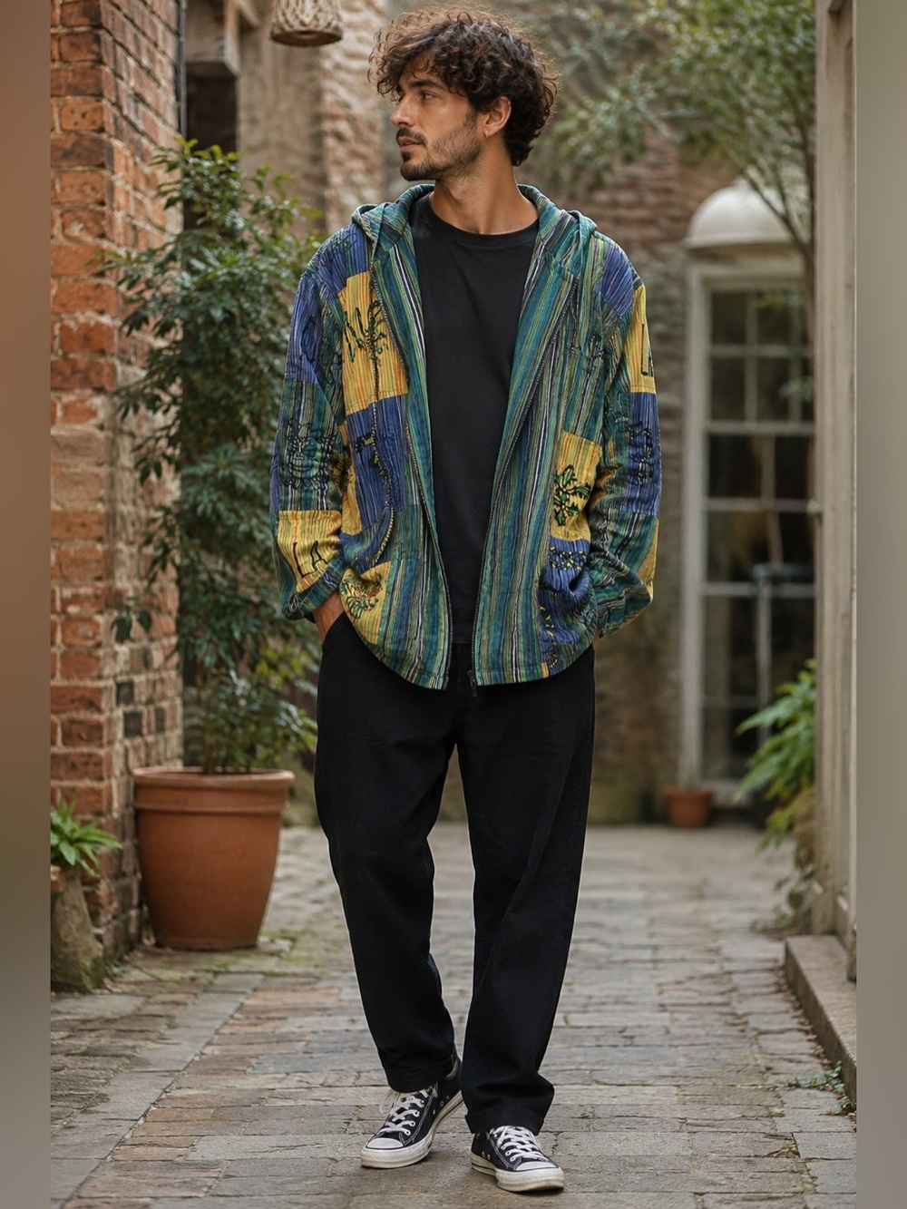 Patchwork Relaxed Fit Full Zip Jacket w Hood